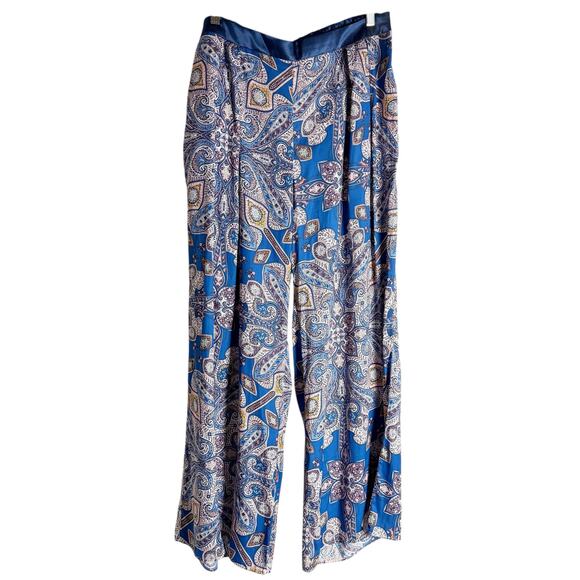 Anthropologie Elevenses Ines Blue Paisley Print Wide Leg Flowy Boho Pants Size L - Picture 4 of 15